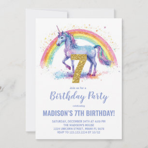 7e Rainbow Unicorn Verjaardag Uitnodigingen