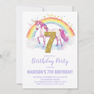 7e Rainbow Unicorn Verjaardag Uitnodigingen