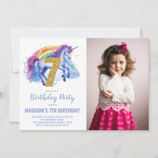 7e Rainbow Unicorn Verjaardag Uitnodigingen foto (Voorkant)