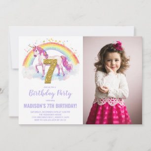 7e Rainbow Unicorn Verjaardag Uitnodigingen foto