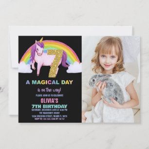 7e Rainbow Unicorn Verjaardag Uitnodigingen Foto