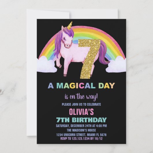 7e Rainbow Unicorn Verjaardag Uitnodigingen Glitte (Voorkant)