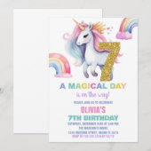 7e Rainbow Unicorn Verjaardag Uitnodigingen Glitte (Voorkant / Achterkant)