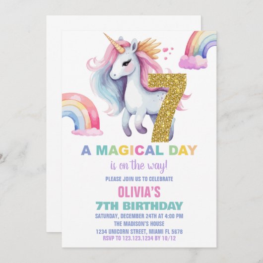 7e Rainbow Unicorn Verjaardag Uitnodigingen Glitte (Voorkant / Achterkant)