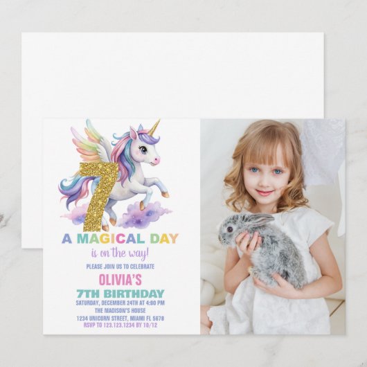 7e Rainbow Unicorn Verjaardag Uitnodigingen w foto (Voorkant / Achterkant)