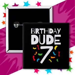 7e verjaardag 7 jaar oud jongensfeestje verjaardag vierkante button 5,1 cm