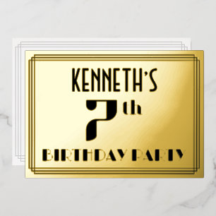 7e verjaardag: Art Deco Kijk "7" en naam Folie Uitnodiging