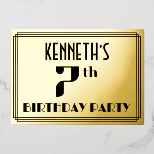 7e verjaardag: Art Deco Kijk "7" en naam Folie Uitnodiging (Voorkant)
