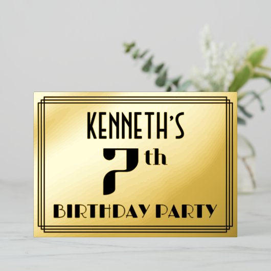 7e verjaardag: Art Deco Kijk "7" en naam Folie Uitnodiging (Staand Voorkant)