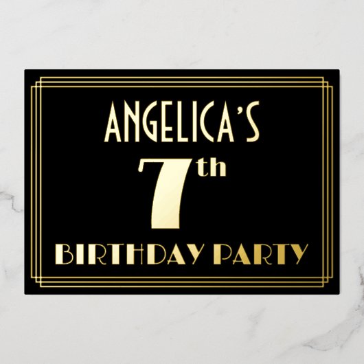 7e verjaardag: Art Deco Kijk "7", met naam Folie Uitnodiging (Voorkant)