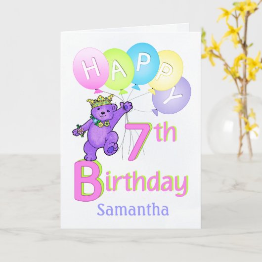 7e verjaardag Beer prinses, douanenaam Kaart (Gele Bloem)