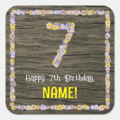 7e verjaardag: Bloemennummer, Faux Wood Look, Naam Vierkante Sticker (Voorkant)