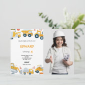 7e verjaardag bouw jongen foto uitnodiging (Staand voorkant)