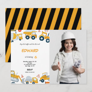 7e verjaardag bouw jongen foto uitnodiging