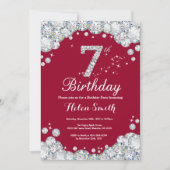7e verjaardag Burgundy Red en Silver Diamond Kaart (Voorkant)
