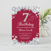 7e verjaardag Burgundy Red en Silver Diamond Kaart (Staand voorkant)