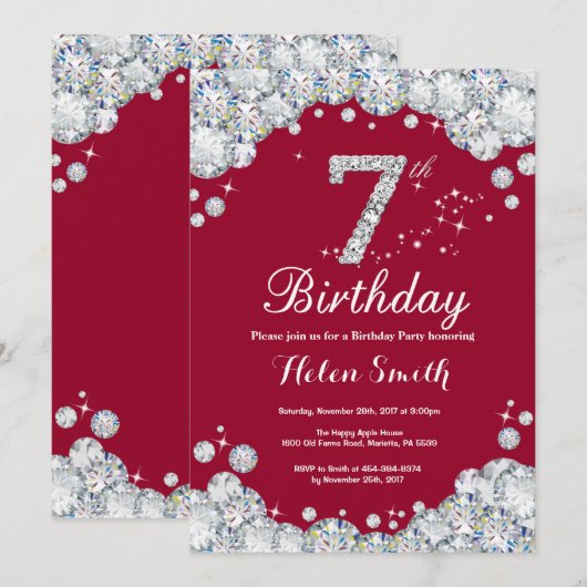 7e verjaardag Burgundy Red en Silver Diamond Kaart (Voorkant / Achterkant)