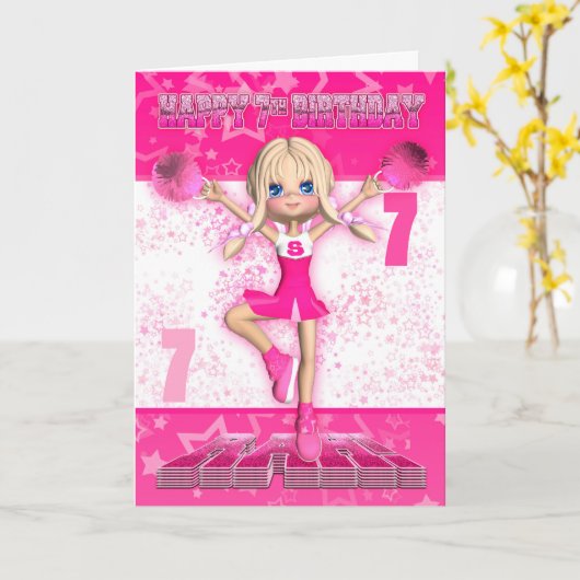 7e verjaardag cheerleader dansen, sterren in roze kaart (Gele Bloem)