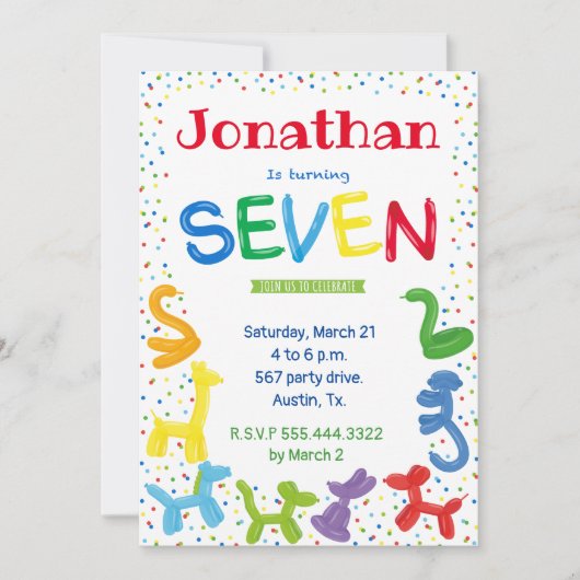 7e verjaardag dierballonnen uitnodiging (Voorkant)