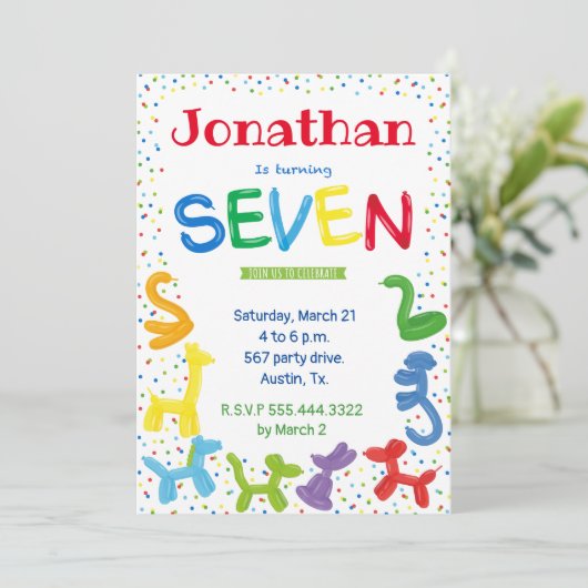 7e verjaardag dierballonnen uitnodiging (Staand voorkant)