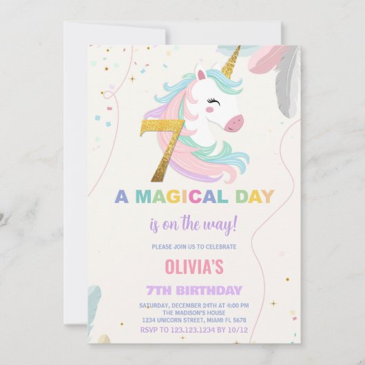 7e verjaardag Eenhoorn Verjaardag Uitnodigingen (Voorkant)