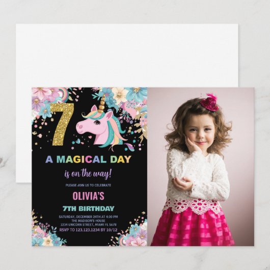7e Verjaardag Eenhoorn Verjaardag Uitnodigingen fo (Voorkant / Achterkant)