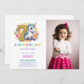 7e Verjaardag Eenhoorn Verjaardag Uitnodigingen fo (Voorkant / Achterkant)