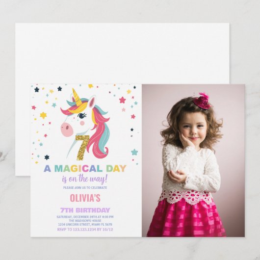7e Verjaardag Eenhoorn Verjaardag Uitnodigingen fo (Voorkant / Achterkant)