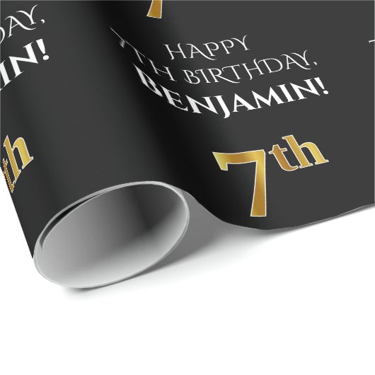 7e verjaardag: Elegant, zwart, Faux Gold look Cadeaupapier (Rol Hoek)