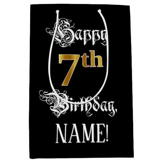 7e verjaardag ~ Fancy script; Faux Gold Kijk; naam Medium Cadeauzakje (Voorkant)