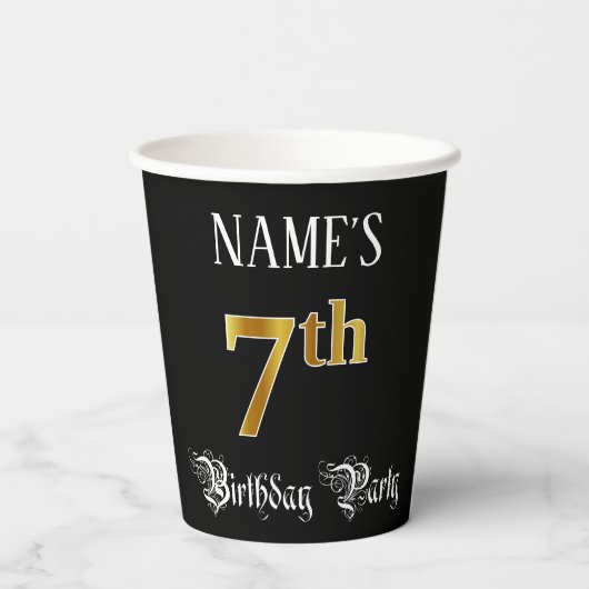 7e verjaardag — Fancy script, Faux Gold look Papieren Bekers (Achterkant)
