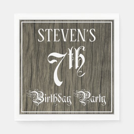 7e verjaardag — Fancy script, Faux Wood Kijk Servet (Voorkant)