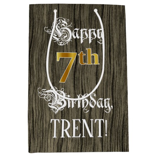 7e verjaardag: Faux Gold look & Faux Wood Pattern Medium Cadeauzakje (Voorkant)