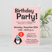 7e verjaardag feestuitnodigingen met leuke pinguïn kaart (Staand voorkant)