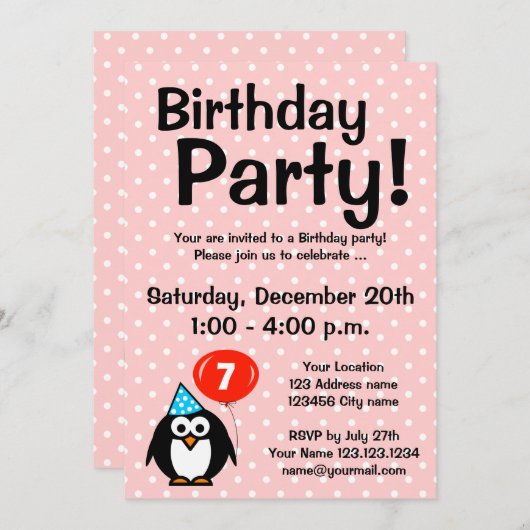 7e verjaardag feestuitnodigingen met leuke pinguïn kaart (Voorkant / Achterkant)