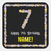 7e verjaardag: Floral Flowers Number, Custom Name Vierkante Sticker (Voorkant)