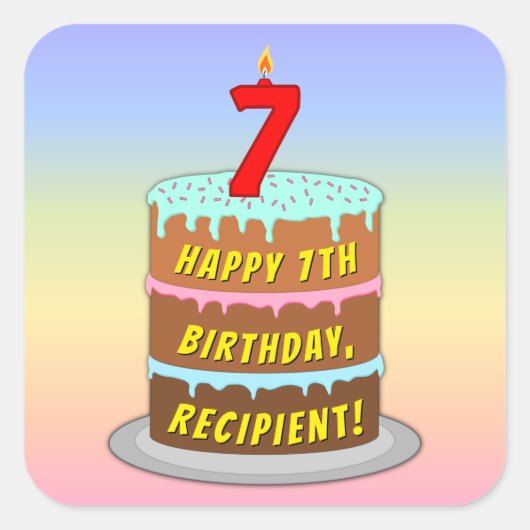 7e verjaardag: Fun Cake and Candle + Custom Name Vierkante Sticker (Voorkant)