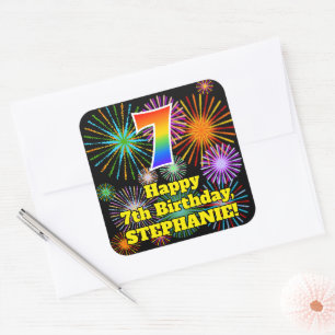 7e verjaardag: Fun Fireworks Kijk, regenboog # 7 Vierkante Sticker