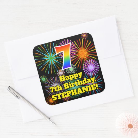 7e verjaardag: Fun Fireworks Kijk, regenboog # 7 Vierkante Sticker (Envelop)