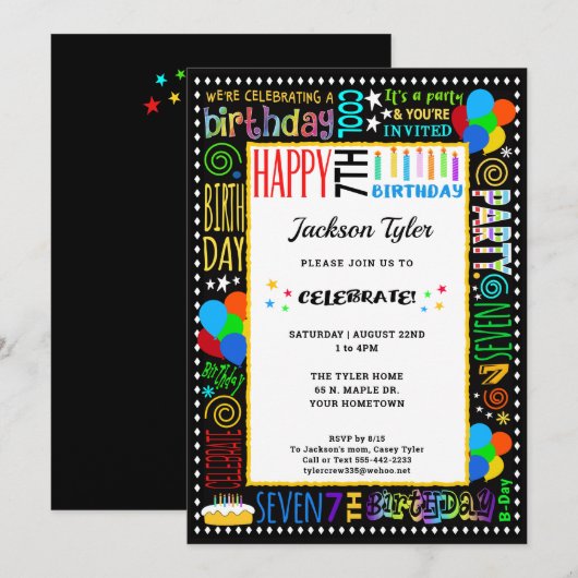 7e Verjaardag Fun Kleur Crazy Text op Black Party Kaart (Voorkant / Achterkant)