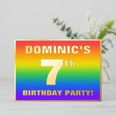 7e verjaardag: Fun, kleurrijk regenboogpatroon Folie Uitnodiging (Staand Voorkant)