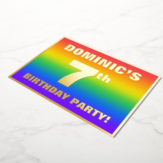 7e verjaardag: Fun, kleurrijk regenboogpatroon Folie Uitnodiging (Gedraaid)