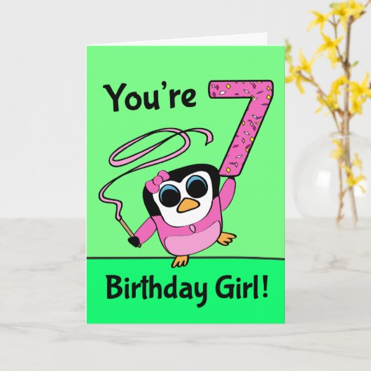 7e verjaardag - Gymnast Penguin Kaart (Gele Bloem)