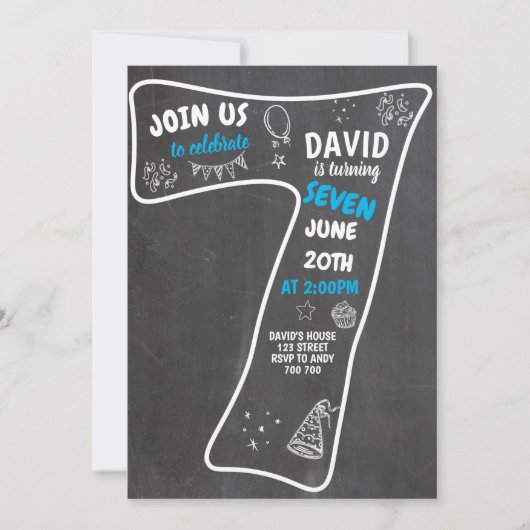 7e verjaardag jong krijtbord blauwe nummer kaart (Voorkant)