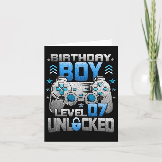 7e verjaardag jongen level 7 ontgrendeld videogame kaart (Voorkant)