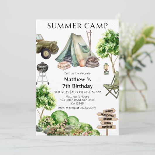 7e Verjaardag Jongen Summer Camp Party Kaart (Staand voorkant)