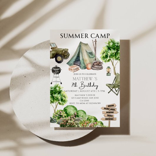 7e Verjaardag Jongen Summer Camp Party Kaart