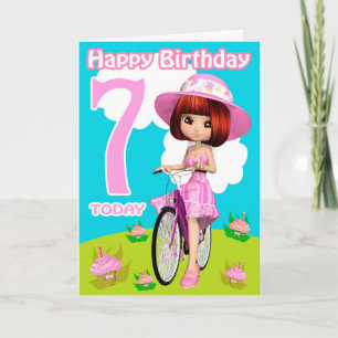 7e verjaardag Kaart  meisje op de fiets