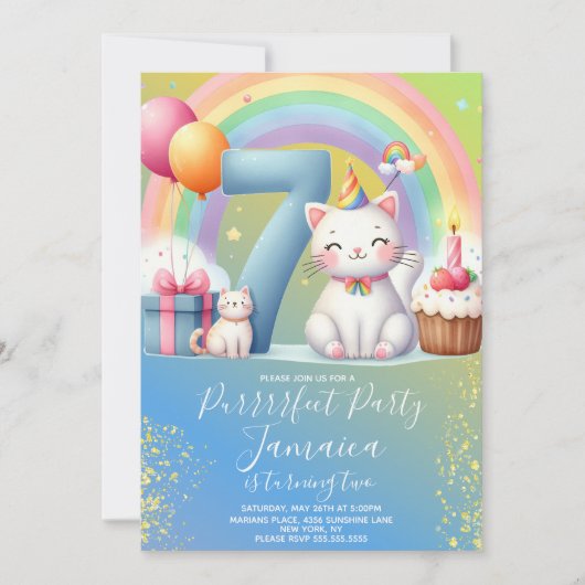 7e verjaardag Kitten Regenboog Feest Kaart (Voorkant)