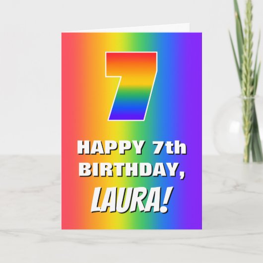 7e verjaardag: kleurrijk, vun regenboogpatroon # 7 kaart (Voorkant)